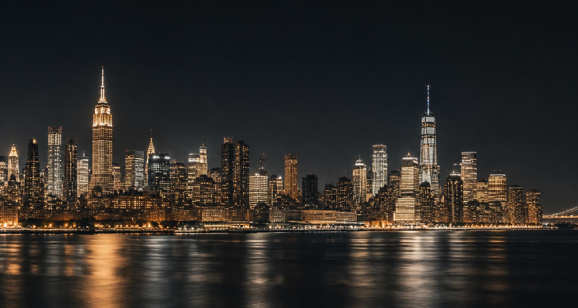 The Manhattan skyline at night, connected by golden data lines